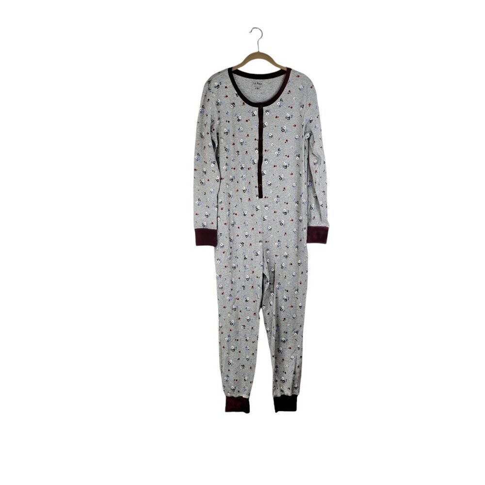 LL Bean One Piece Thermal Pajamas Gray Waffle Floral Union Suit Womens Large
